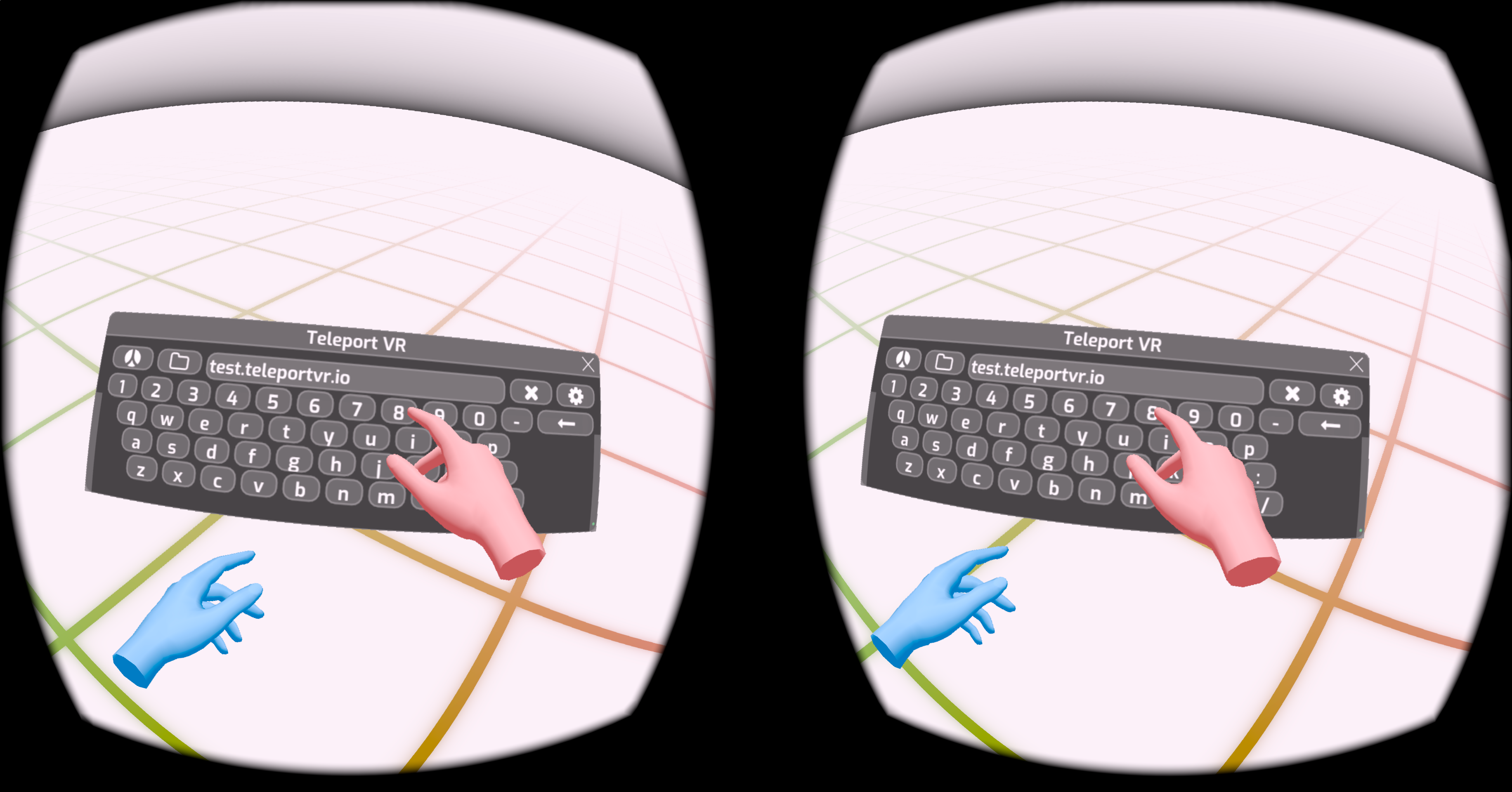 The XR Client is shown, with an address bar and virtual keyboard in front of the viewer.